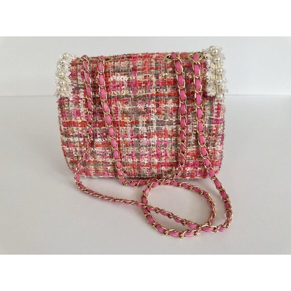 Women’s Chain‎ Pearl Pink Tweed Crossbody Bag Satchel Barbie Princess Coquette - Picture 3 of 13